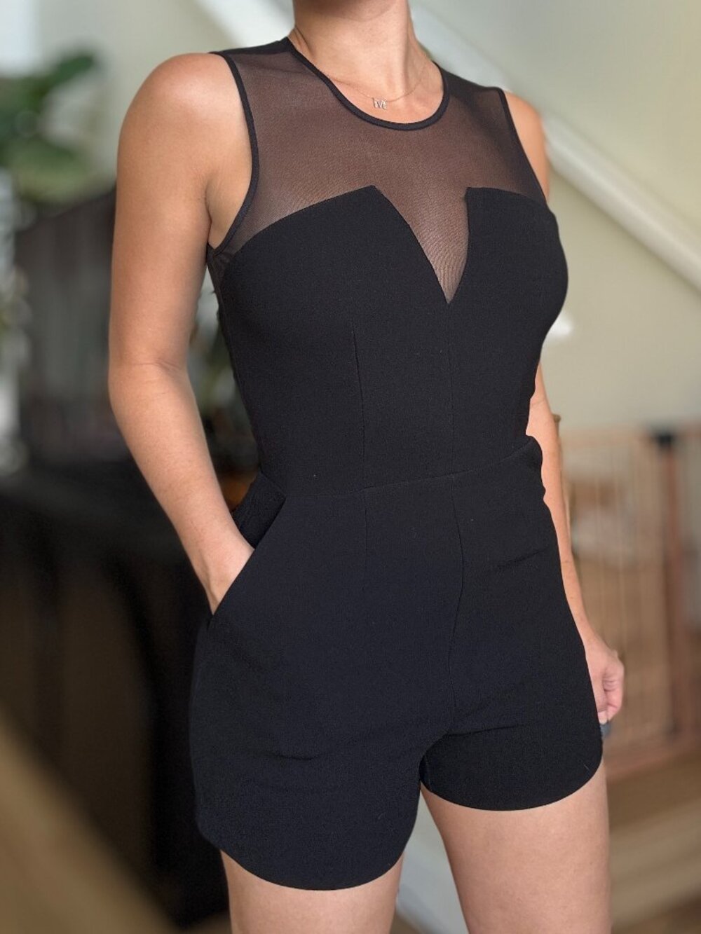 BCBGeneration Black Mesh Plunge V Romper, Size 4, Never Worn